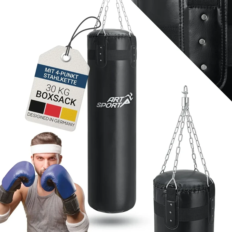 ArtSport Boxsack Set 30 kg gefüllt, Box Set mit 4-Punkt-Stahlkette & Drehwirbel - für Erwachsene, Boxsack hängend 120 cm für Boxen & Kickboxen