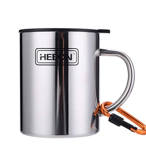 HEECN® Camping Becher Mit Deckel und Karabiner - Edelstahl Tasse - Thermo - Kaffeebecher - Doppelwandige Isolierbecher BPA-frei HESS-038BBK 400ml Mit Drehbarem Trinkdeckel