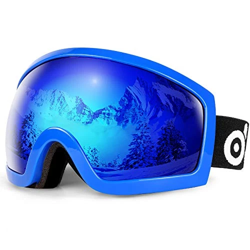 Odoland Skibrille Erwachsene Ski Goggles für Damen und Herren Jungen,Sphärisch Snowboardbrille UV-Schutz Kompatibler Helm Anti Fog für Skifahre Verspiegelt Blau