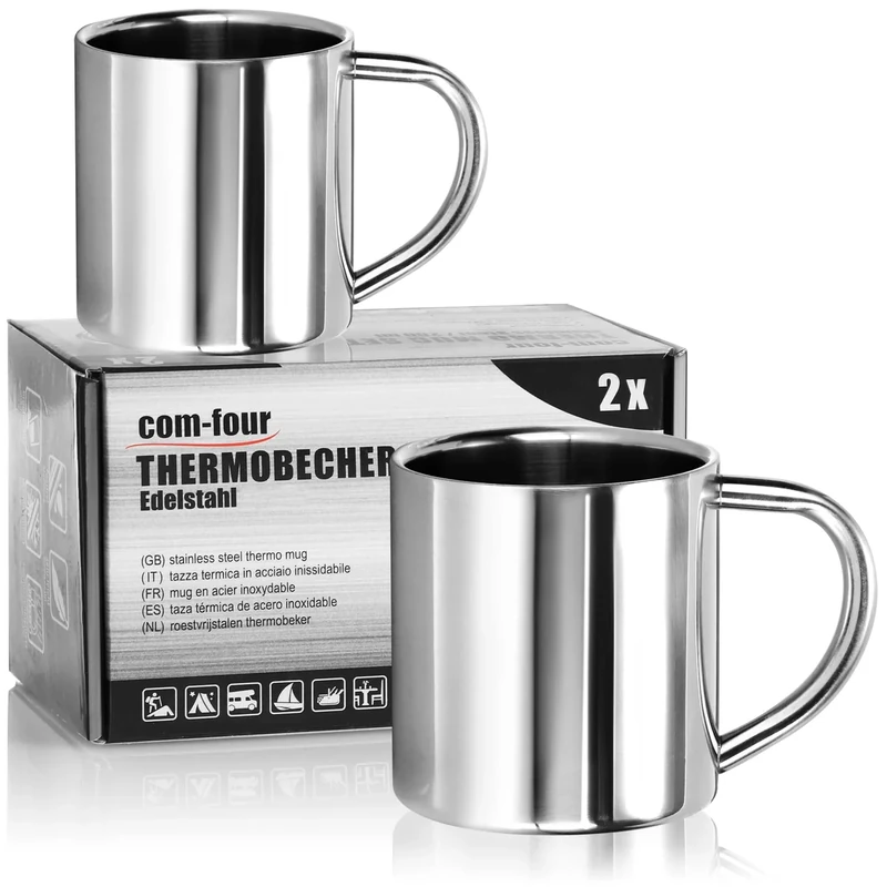 com-four® 2x Edelstahl Thermobecher - 220 ml je Becher - Isolierbecher doppelwandig - Kaffeetasse bruchsicher - Thermo-Trinkbecher - Camping Becher - Tasse - BPA-frei