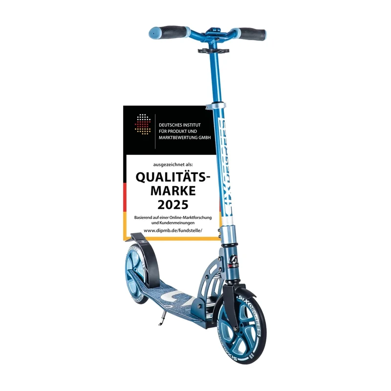 Six Degrees Aluminium Scooter mit Klappmechanismus u. Ständer, 205 mm, höhenverstellbar, GS-geprüft, blau, TESTSIEGER