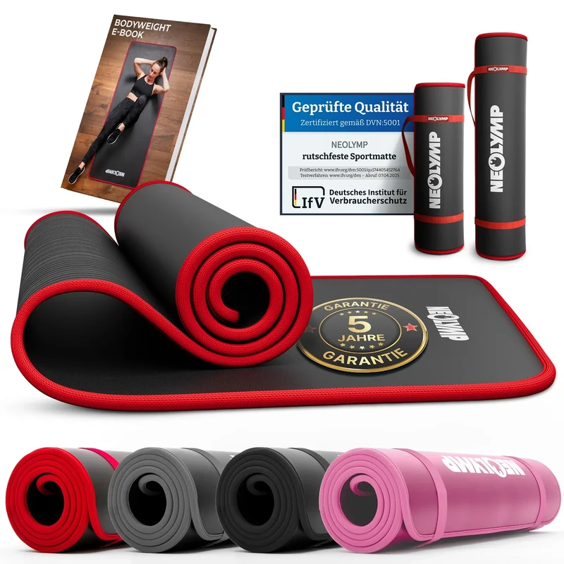 NEOLYMP extra Dicke und rutschfeste Fitnessmatte mit Fitness E-Book und Tragegurt - Pilatesmatte, Yoga Matte, Sportmatte, Gymnastikmatte, Trainingsmatte