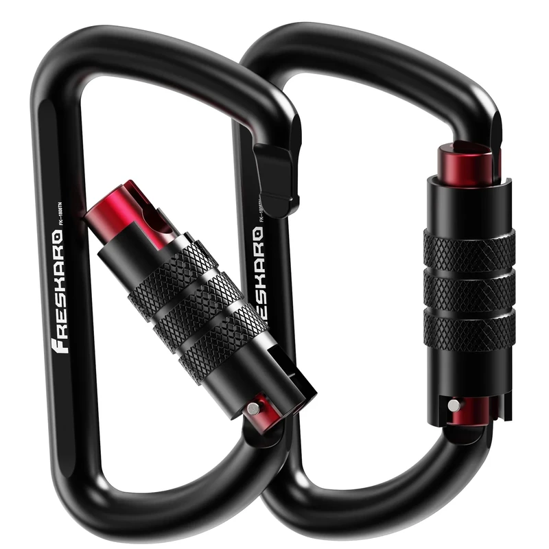 FresKaro Karabiner Schwarz, mit Drehsicherung, 12kN-1224kg Twist Lock, Aluminium, Ultraleicht Belastbar, Autolock, Schnellverschluss Karabina für Hängematte, Schlüssel, Hundeleine, 2 Stück