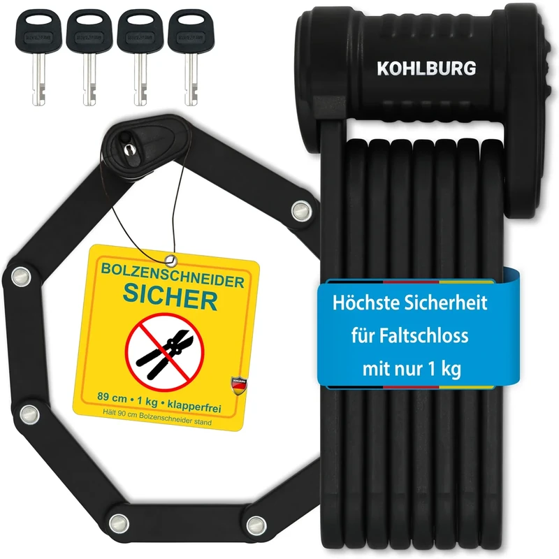 KOHLBURG Fahrrad Faltschloss höchste Sicherheit bei nur 1kg – 89cm Modell Wien – Fahrradschloss mit Halterung – sehr sicheres Fahrradschloss als e Scooter Schloss & eBike Faltschloss Fahrrad sicher
