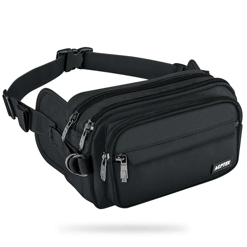 AGPTEK Bauchtasche für Herren und Damen, wasserdichte Gürteltasche mit 5 Einzelfächern, Hüfttaschen für Hundespaziergänge, Reise, Wanderung und Outdoor-Aktivität, Schwarz