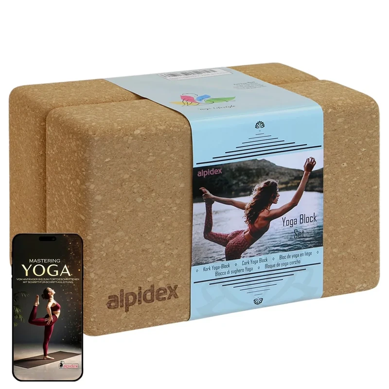 ALPIDEX Yogablock 2er oder 4er Set inkl. E-Book mit 100 Übungen Ökologisch Nachhaltig Naturkork aus Portugal Korkblock Yoga Pilates | 7 Jahre Garantie auf Material*, Größe:2 Stück - 23 x 14 x 7.5 cm