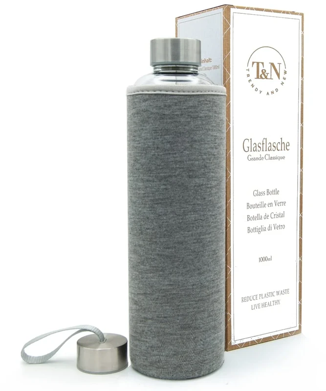 T&N Glasflasche 1 Liter - Trinkflasche Glas 1l mit Neoprenhülle – Wasserflasche 1000ml Auslaufsicher – Glastrinkflasche aus dickerem Borosilikat-Glas - Schlankes Design