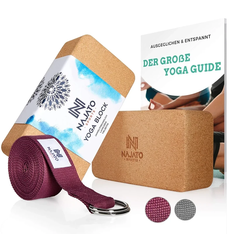 NAJATO Sports Yoga Block Kork 2er Set – Wahlweise mit Yogagurt – Yogablock inkl. E-Book (PDF Datei) – Yogaklotz für Pilates und Meditation – Aus natürlichem Material