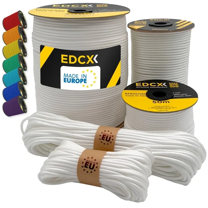 EdcX Paracord 4 mm, 35+ Volltonfarben (10 m, 15 m, 30 m, 50 m, 100 m, 300 m) | Ideal zum Basteln, Camping, Outdoor | 100% Nylonseil 4 mm| Paracord 550 Typ III (White, 30 m) - Image 1