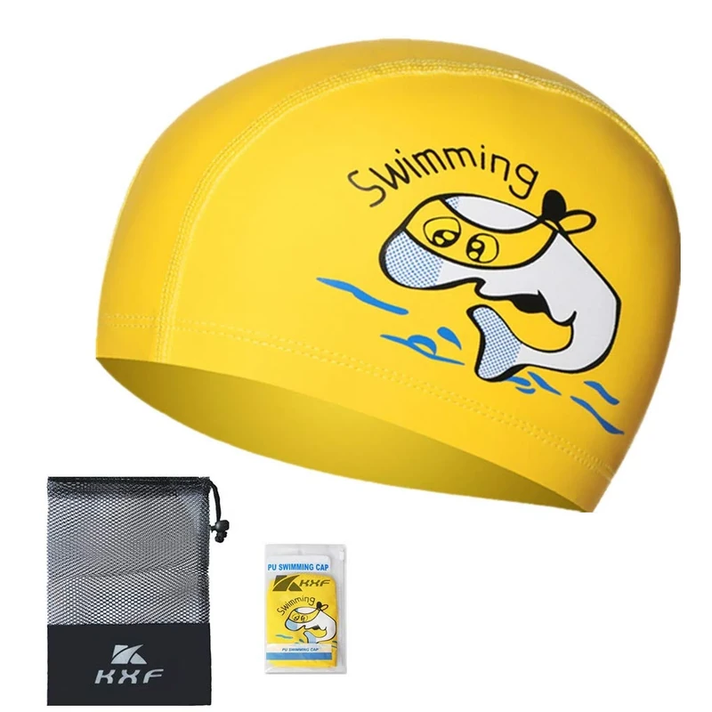 KXF Wasserdichte PU-Badekappe Mit Gehörschutz - Elastisch, Beschichtet, Cartoon-Muster für Kinder, Jungen, Mädchen, 6-10 Jahre