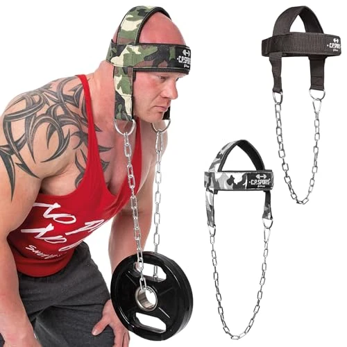 C.P.Sports Kopf und Nackentrainer One Size Camo-Grün | Nylon gepolstert, mit Kette & Karabiner | Verstellbarer Nacken Trainer/Head Harness für Fitness, Bodybuilding, Krafttraining, Kraftsport