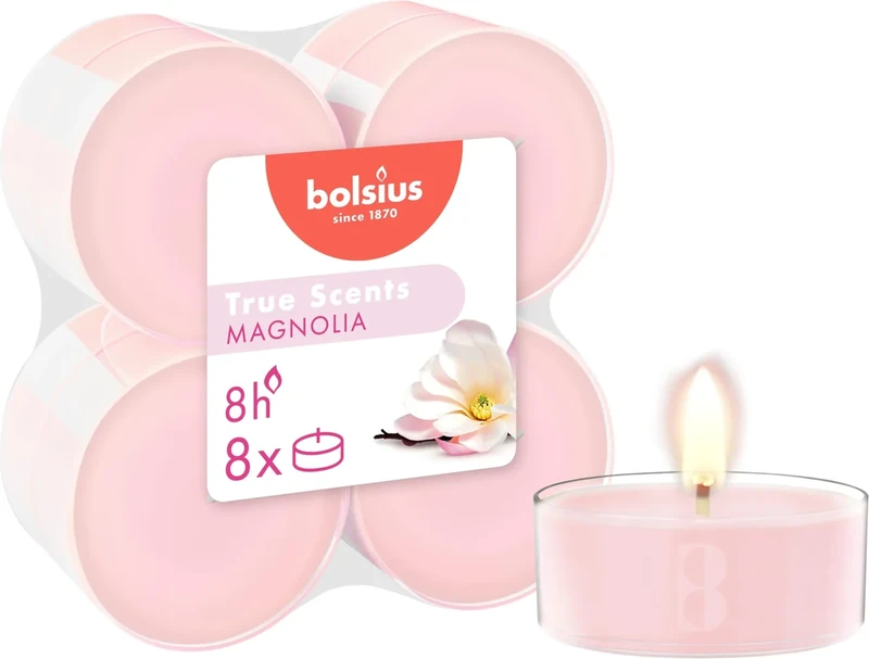 Bolsius True Scents – 8 Teelichter Maxi Duft – Magnolie – Lange Brenndauer von 8 Stunden – Natürliche Extrakte – Veganes Wachs – Ohne Palmöl