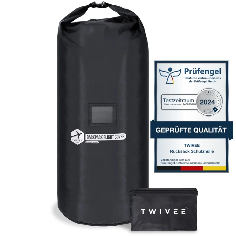 TWIVEE - 2 in 1 Rucksack Schutzhülle und Regenschutz - Flight Cover für Backpack - Flugzeug - Überzug in Flexibler Größe - 60 bis 110 Liter Volumen einstellbar (Schwarz Premium)