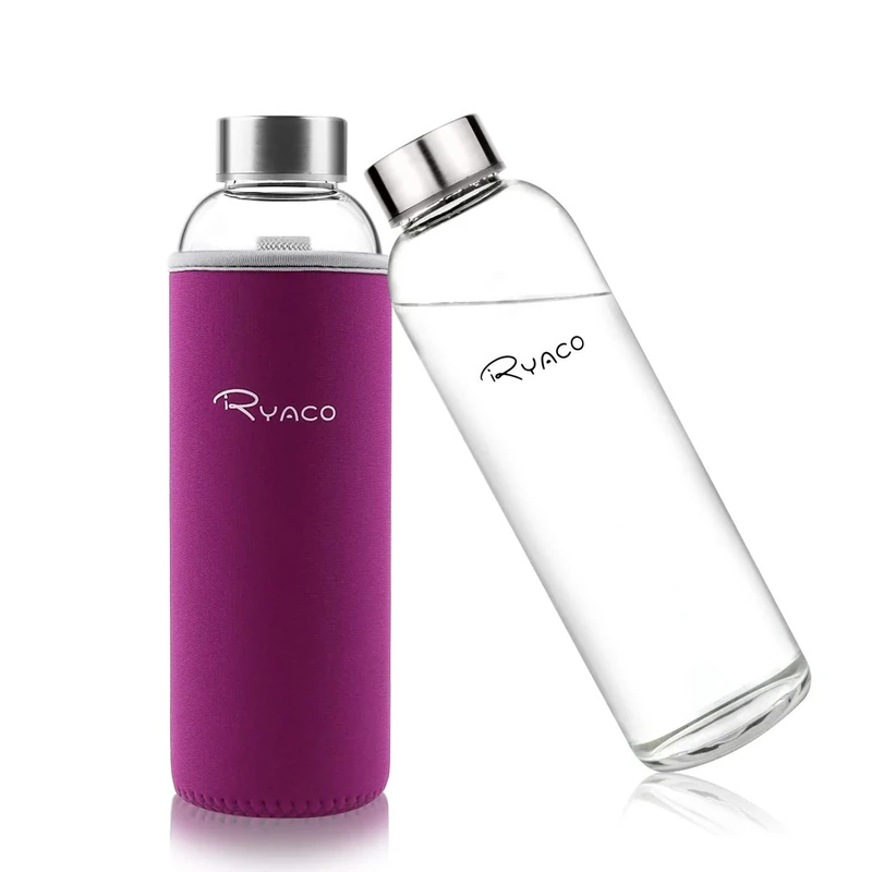 Ryaco Trinkflasche aus Glas 550ml/18oz,Glasflasche mit Neoprenhülle,Glastrinkflasche mit Schraubverschluss,Wasserflasche Glas für heiße kalte Getränke,spülmaschinenfest