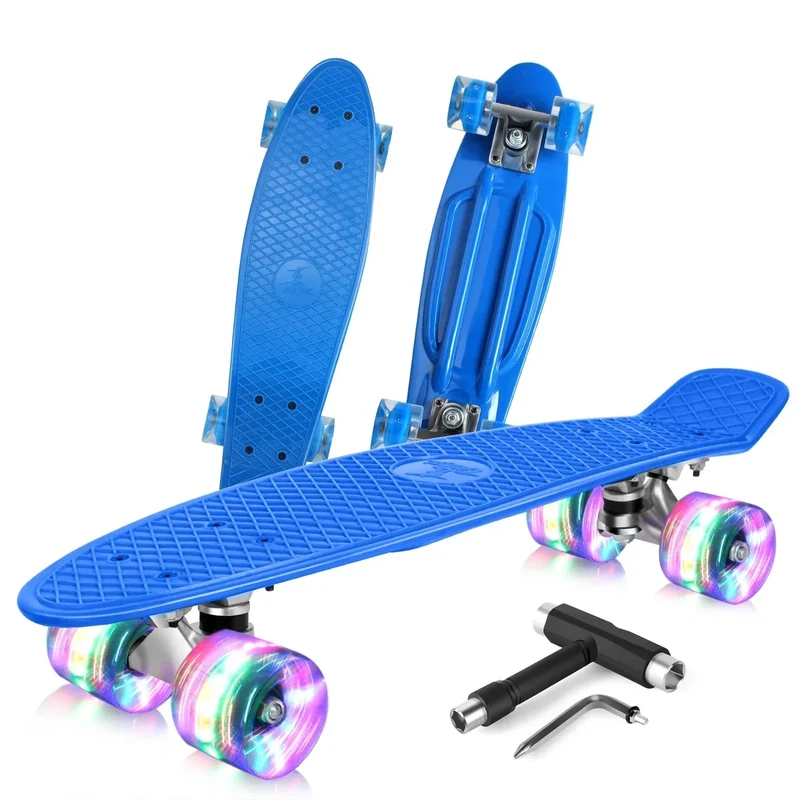 BELEEV Kinder Skateboard 22 Zoll mit LED Leuchtrollen Wheels, Komplette Mini Cruiser Skateboard für Kinder Jugendliche Erwachsene, LED Leuchtrollen mit All-in-one Skate T-Tool für Anfänger