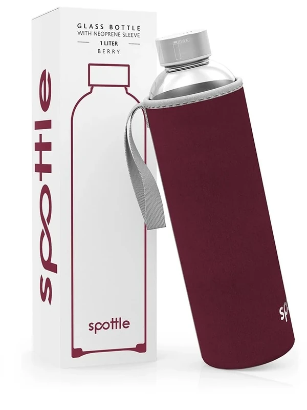 spottle Trinkflasche aus Glas 1l - Glasflasche 500ml - 750ml - 1 liter mit Neoprenhülle - Schutzhülle - Glastrinkflasche mit Schraubverschluss (Berry, 1000 ml)