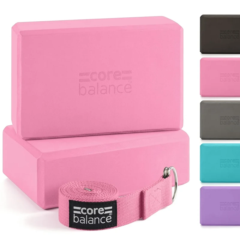 Core Balance Yoga Blocks im Doppelpack & GRATIS Yoga-Gurt, 2 Stk. EVA Schaumstoff-Blöcke, robust & leicht, Riemen aus Baumwolle mit innovativem D-Ring Verschluss, ideal für Pilates, 5 versch. Farben