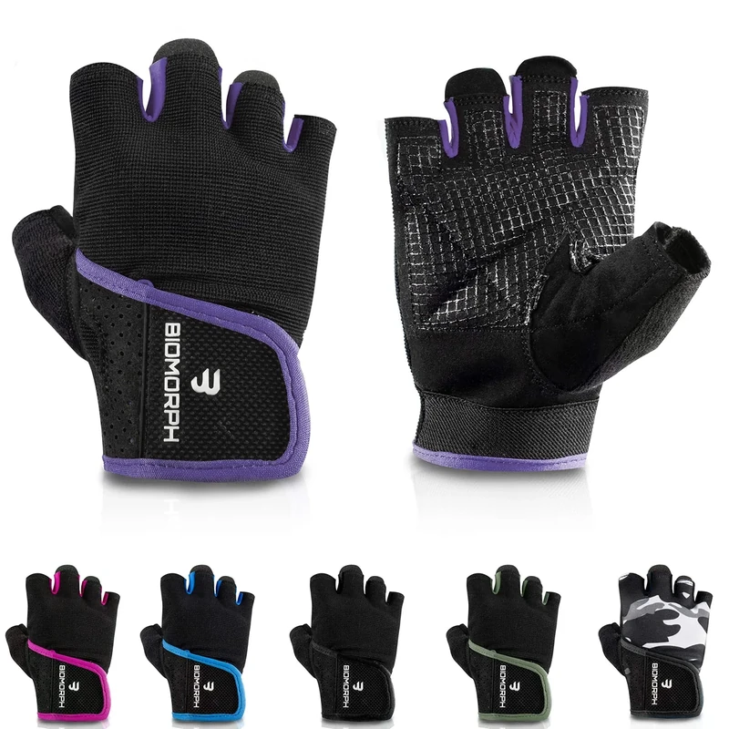 BIOMORPH Trainingshandschuhe für Damen und Herren I Fitness Handschuhe für Krafttraining, Bodybuilding, Crossfit (Violett, 21,5cm - 23,5cm - L)