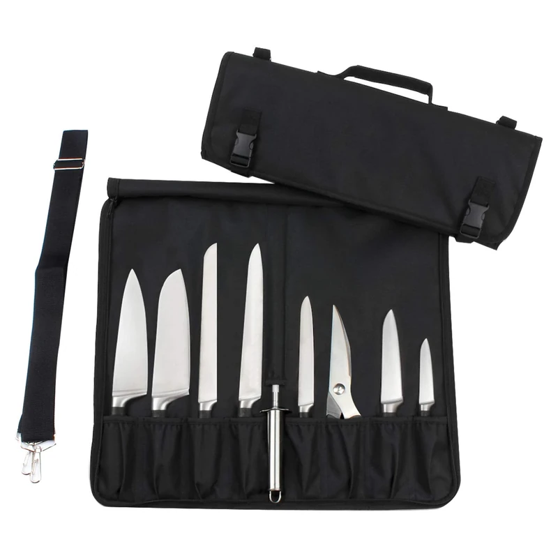 Tosnail Messertasche mit 15 Fächern, Kochmesser Rolltasche, Messerkoffer mit Tragegriff und Schultergurt - Schwarz Messer-Rolltasche für Camping Wandern