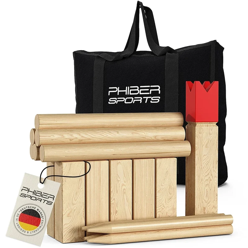 Kubb Wikinger Spiel aus Holz in Premium Qualität – Aus massivem Holz – Mit praktischer Tragetasche - Schach Spiel für draußen - Holzspiel für Kinder und Erwachsene jeden Alters, 2-12 Spieler