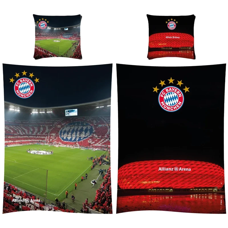 FC Bayern München Wende-Bettwäsche - Allianz Arena 135x200 + 80x80 cm 100% Baumwolle Biber/Flanell Fußball FCB Harry Kane Musiala Rekordmeister Champions-League-Sieger deutsche Größe mit RV