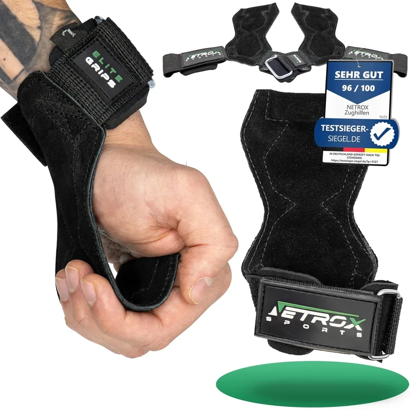 NetroxSports - Elite Grips Fast Zughilfen für Krafttraining - echtes Leder - Fitness Lifting Straps für Kreuzheben, Bodybuilding mit Handgelenkschutz - Grip Zughilfe, Zughilfen Gym für Männer & Frauen