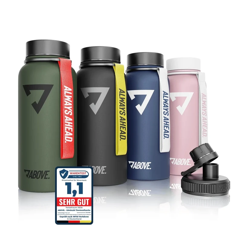 ABOVE. Edelstahl Thermosflasche 1L – BPA-frei, auslaufsicher & robust – hält 12h heiß, 24h kalt – mit Extra Trinkverschluss für Sport, Fitness & Outdoor I hochwertige Geschenkbox (Olive)