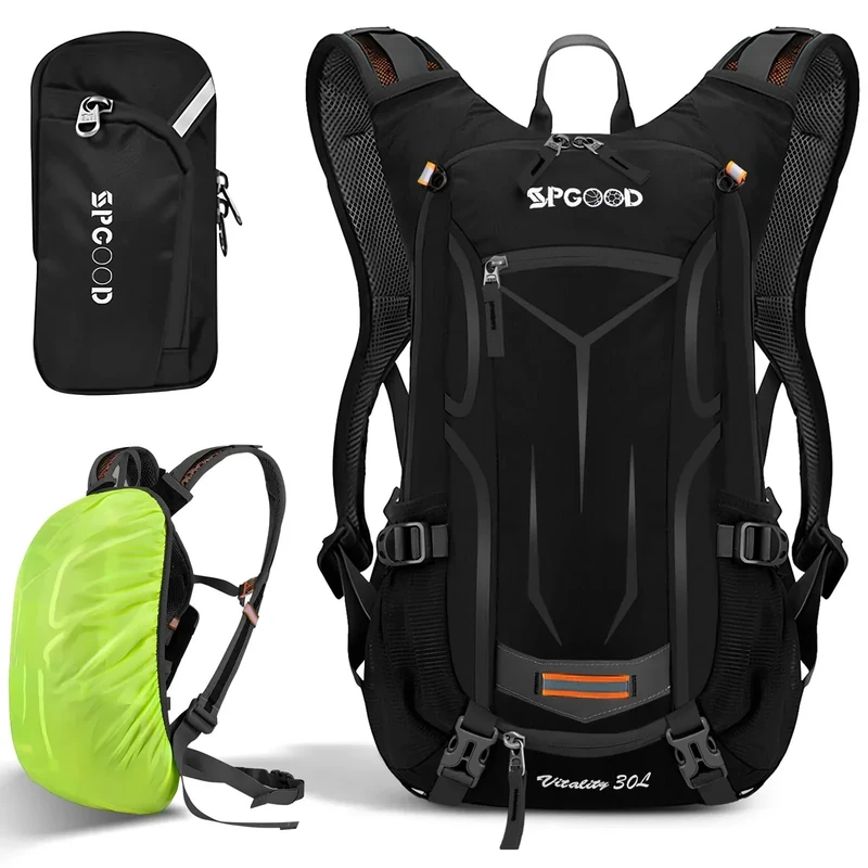SPGOOD Fahrradrucksack 20L/25L/30L (9 Farben)-Wasserdichter Ultraleicht-für Damen & Herren Multifunktionaler-mit Regenschutzkappe/Helmabdeckung Rucksäcke MTB Mountainbike (Schwarz, 20L)