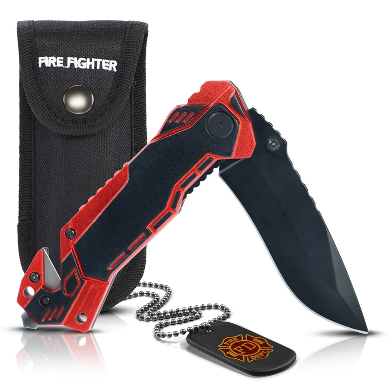 KOSxBO Firefighter Rescue Knife EMS Rettungsmesser mit Glasbrecher und Gurtschneider inkl. Messertasche und Dog Tag, Feuerwehr Messer Outdoor Taschenmesser Klappmesser