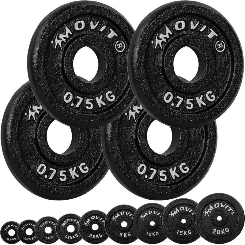 MOVIT® Hantelscheiben Set PRO, 100% Gusseisen, 30/31 mm Bohrung, Gewichtsscheiben Set Gewichte Hantel 4x 0,75kg