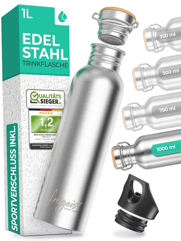 Trinkflasche Edelstahl 1l + EXTRA Sportverschluss, Edelstahl Trinkflasche 750ml, 500ml, 1000ml, freigeist trinkflasche edelstahl 750ml, Trinkflasche 1l Edelstahl, Edelstahl-Trinkflasche