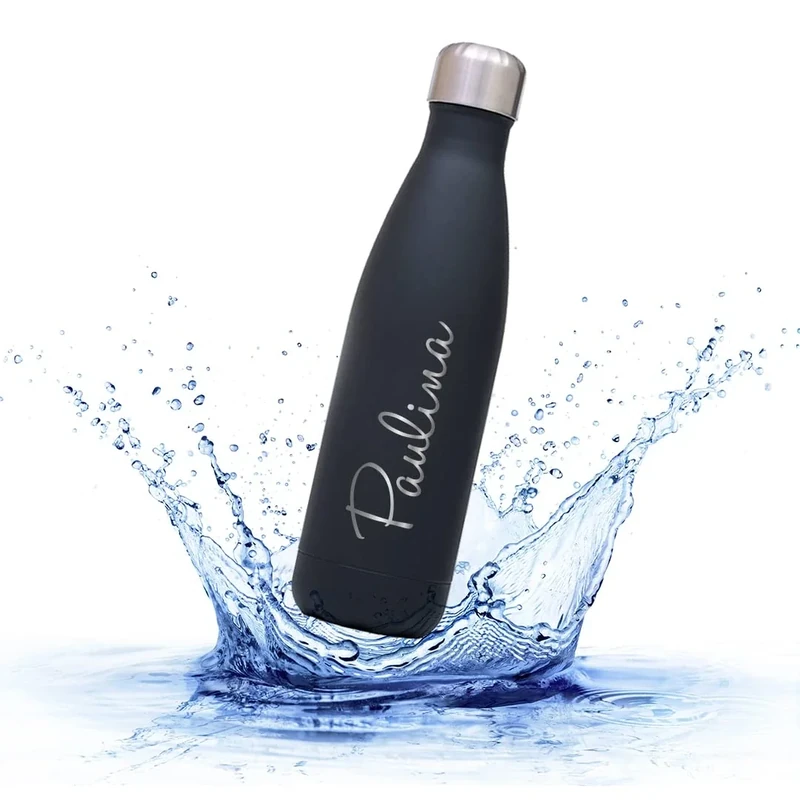 Sprengers – Personalisierbare Trinkflasche aus Edelstahl – auslaufsichere & thermoisolierte Wasserflasche hält Getränke bis zu 18 Stunden warm oder kalt – Gravur mit Namen und Motiv (Schwarz, 0.5 l)
