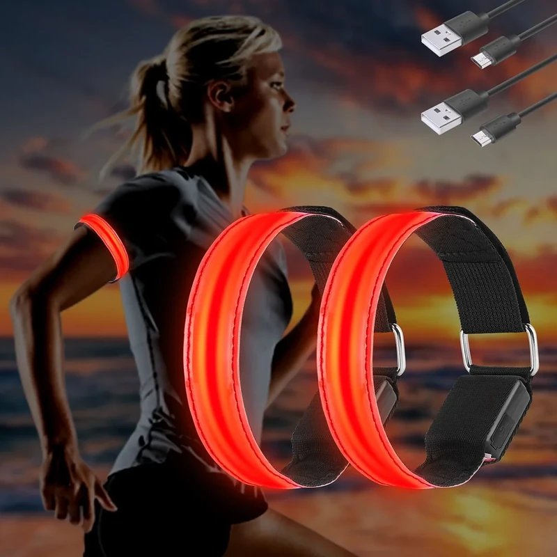 Molbory LED Armband USB, 4 Stück LED Reflective Band leuchtarmband laufarmband Lichtband Kinder leuchtbänder Reflektorband Licht für Joggen Laufen Running Sports (Schwarz, 2er)