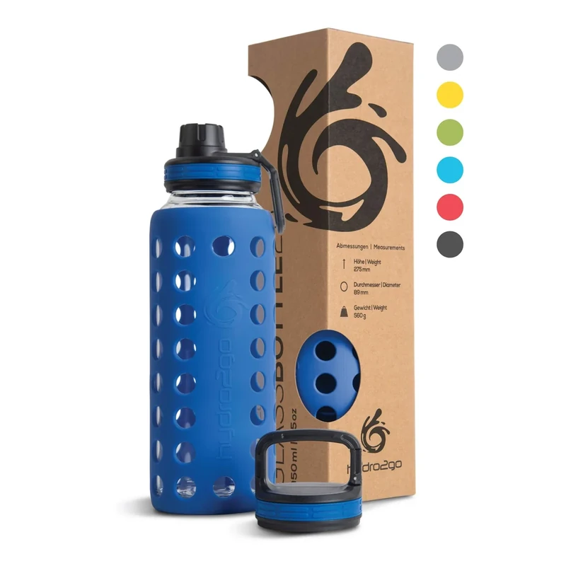 hydro2go Glas Trinkflasche mit Strohhalm 950ml – Silikonhülle, Auslaufsicher, BPA-frei, Spülmaschinenfest, 2 Deckel, Büro, Sport, Outdoor