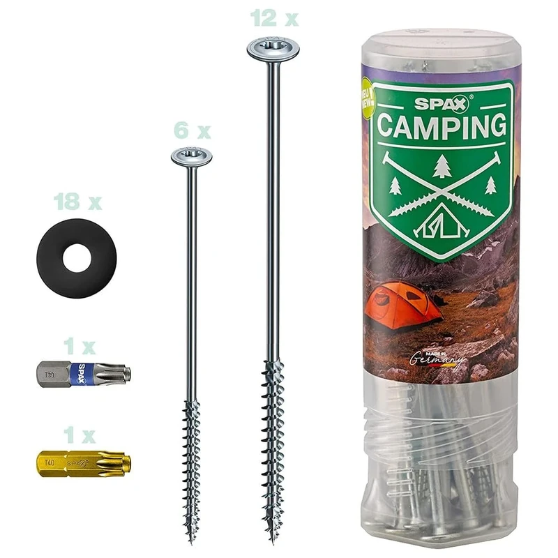 SPAX Zeltschrauben Camping-Komplettset, Universal Schraubheringe 18 Stück in Zwei Längen mit 2 Bits & 18 Kunststoff-Unterlegscheiben für Zeltbefestigung, Outdoor – 4000009100019