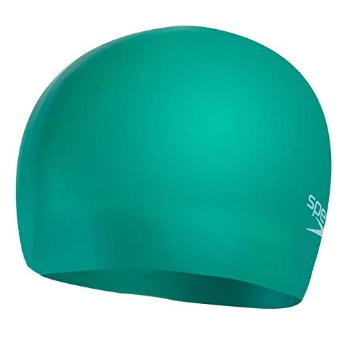 Speedo Junior Plain Moulded Silicone Swimming Cap | Dry Hair | Kids Swim, Emerald/Chill Blue, One Size