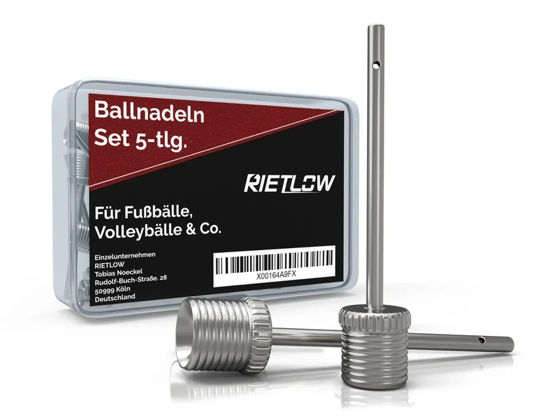 Rietlow® Ballnadel Set – Ballpumpe Nadeln aus robustem Edelstahl – Ballpumpe Spitze - Nadel Ballpumpe für Fußbälle, Basktebälle, Handbälle und Volleybälle - inkl. Aufbewahrungsbox (5 Stück)