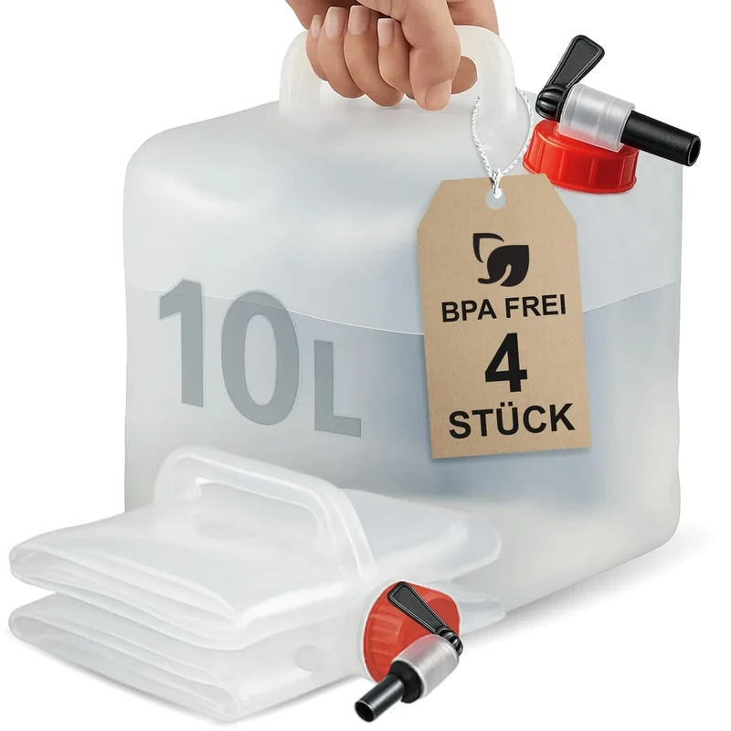 BAUBAR 4er Set 10L Faltbarer Wasserkanister mit Hahn - BPA-Frei & Lebensmittelecht I Outdoor Camping Wasserbehälter faltbar Trinkwasserkanister Faltkanister Trinkwasser Water Kanister 10l 10 Liter