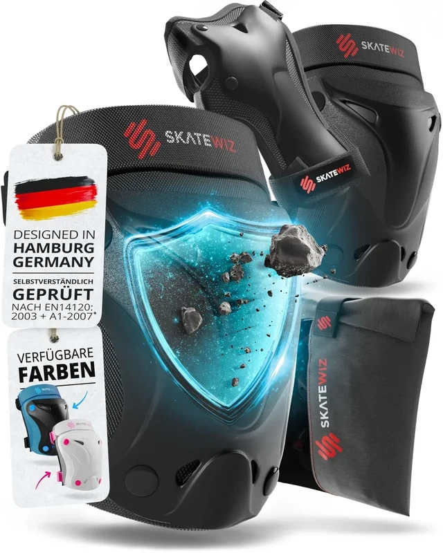 SKATEWIZ Knieschoner Kinder - Schoner Inliner Kinder - Knieschützer - Schützer Inliner Schoner Set - Protektoren Knie und Ellenbogenschützer - Schlittschuhe, Schwarz Größe S