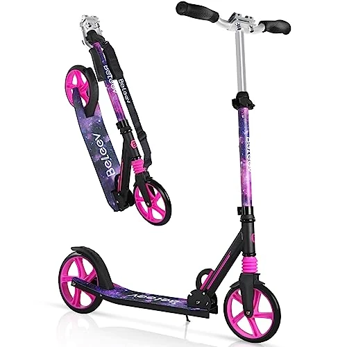 BELEEV V9 Big Wheel Scooter mit LED Leuchtet Lenker & Deck, Roller Kinder 6 Jahre mit Höhenverstellbar, ABEC-9, 200mm Räder, Tragegurt, Faltbare Cityroller Jugendliche & Erwachsene (Purple)