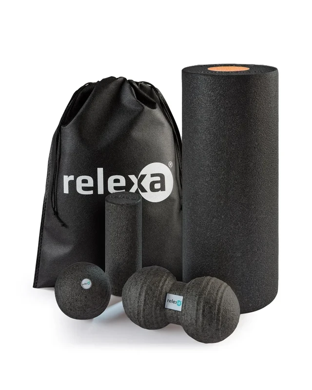 Relexa Faszienrolle Set - 5-Teilig - Twinball - Rolle Groß und Klein - Faszienball - Zur Massage Bei Rückenschmerzen - Premium Material - Schwarz