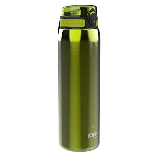 ION8 1 Liter Leicht Edelstahl Trinkflasche, Nicht Isoliert, Auslaufsicher, Einhandöffnung, Sichere Verriegelung, Spülmaschinenfest, Klappdeckel, Tragegriff, Leicht zu Reinigen, Grün