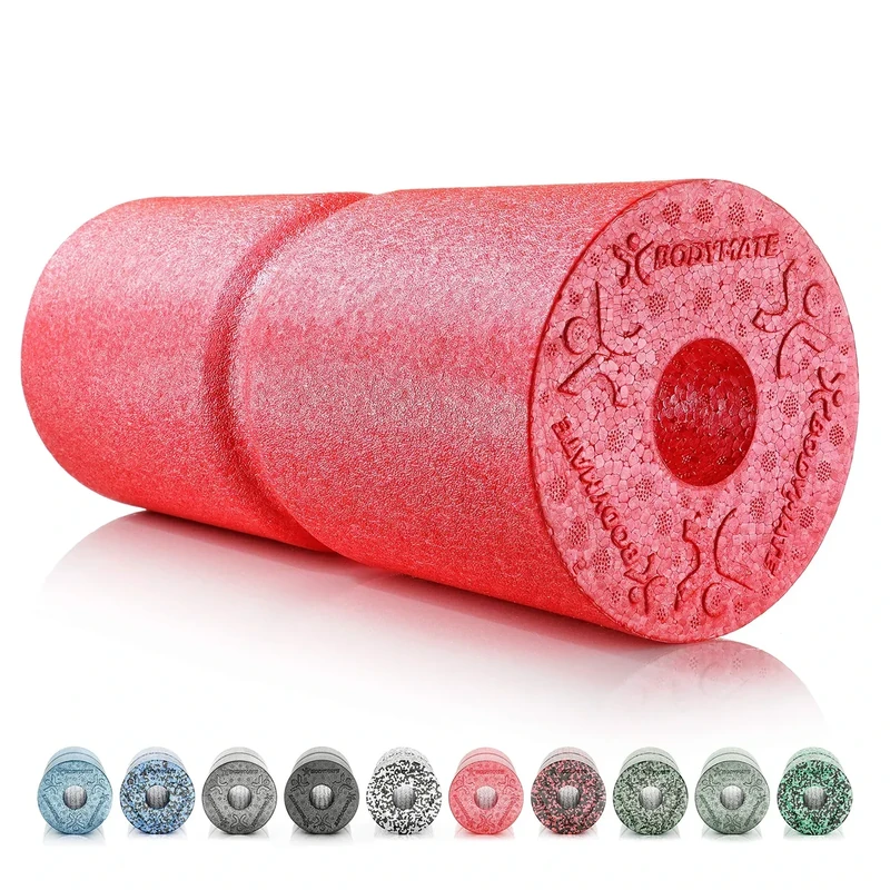 BODYMATE Faszienrolle CARE Mittel-Hart mit umlaufender Rille zu Wirbelsäulen-Entlastung mit E-Book - Pepper-Red 35x14cm