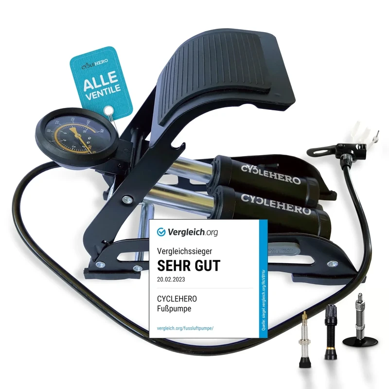 Fußpumpe mit Doppelzylinder und Manometer Test SEHR GUT – 10 Jahre Garantie Fusspumpe für alle Ventile (Fahrradpumpe, Luftpumpe Auto) - Leistungsstarke Luftpumpe Fuß - Hochwertige Fußluftpumpe