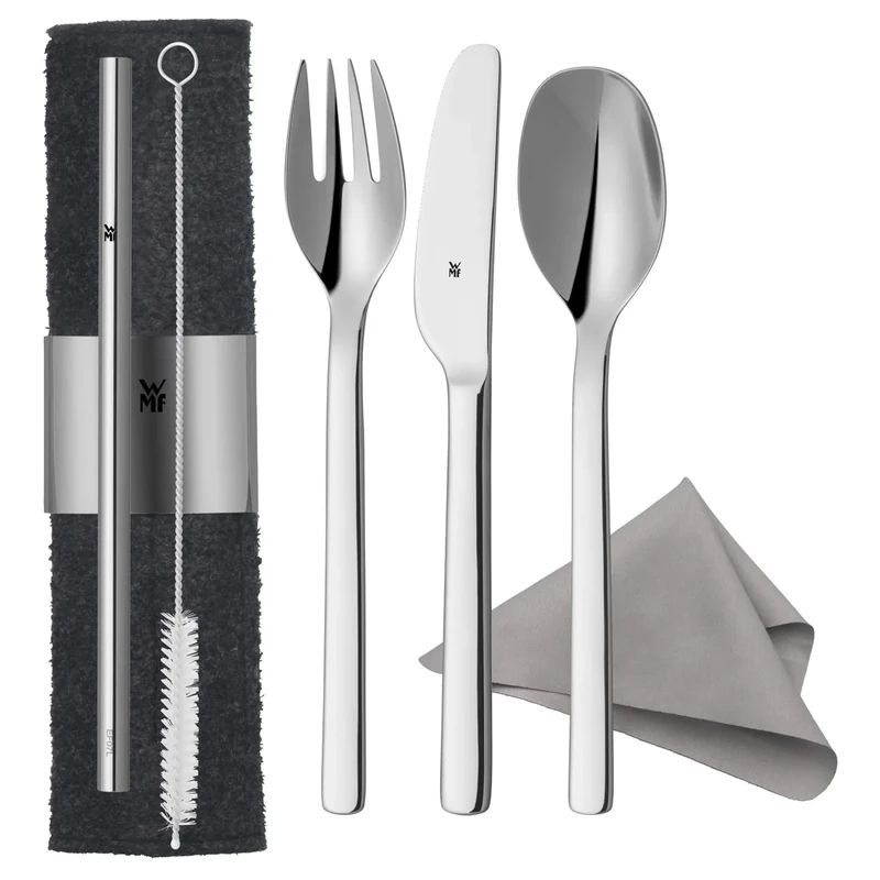 WMF my2Go, Edelstahl, Besteck Set 8-teilig, Outdoor Reisebesteck Set 1 Person, Campingbesteck mit Etui, Wanderbesteck umweltfreundlich, Strohhalm, Reinigungsbürste, Camping Zubehör Geschenk