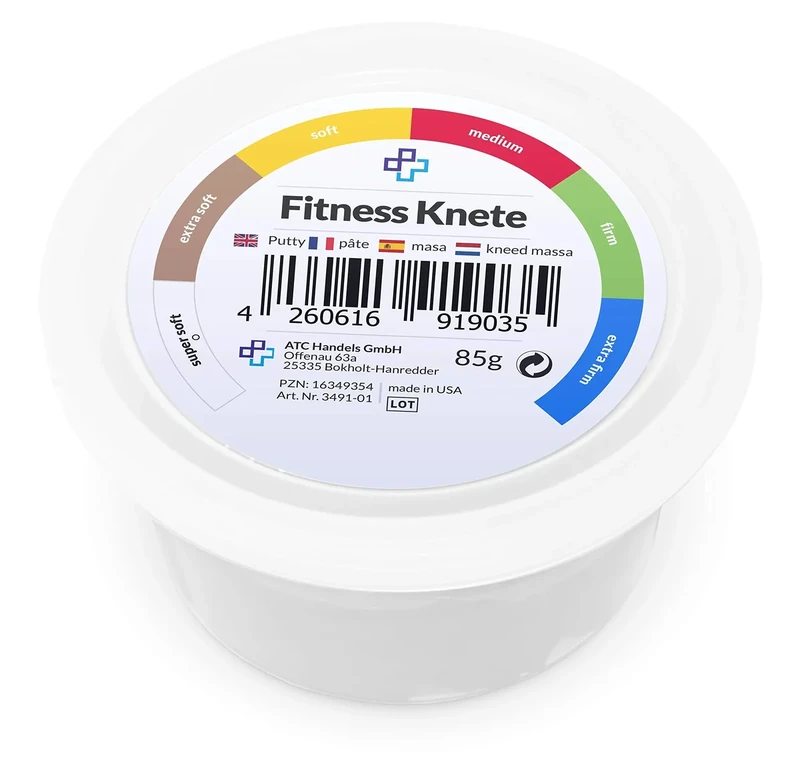 ATC Handels GmbH Fitnessknete in 6 Verschiedene Widerstandsgrade - für Handtraining, Anti-Stress, Handmuskulatur, Feinmotorik - formbar, vielseitig und stärkend (110g - Weiss, super weich)
