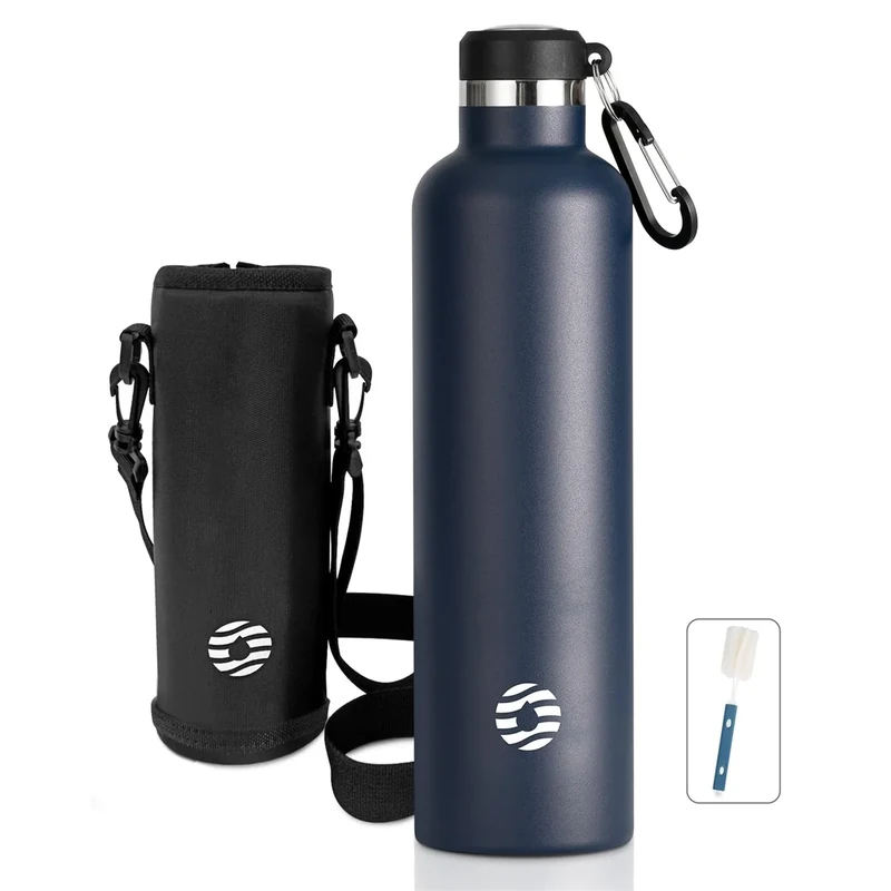FEIJIAN Trinkflasche Edelstahl 1L mit Karabiner - auslaufsicher Thermosflasche für Kohlensäure Kaffee Tee, BPA-Frei Sport Outdoor Wasserflasche für Sprudel Uni, Schule, Camping, Fahhrad