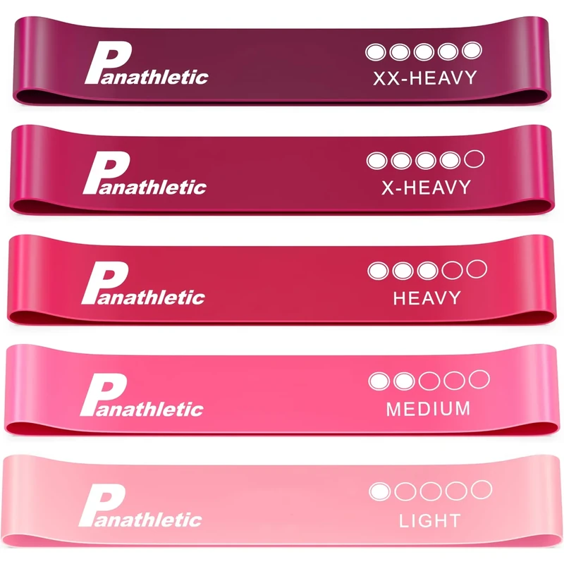 Panathletic Fitnessbänder, 5er Set – 5 Verschiedene Stärken, Übungsanleitung, eBook auf Deutsch, Tragebeutel – 5X Fitnessband, Gymnastikband, Widerstandsband