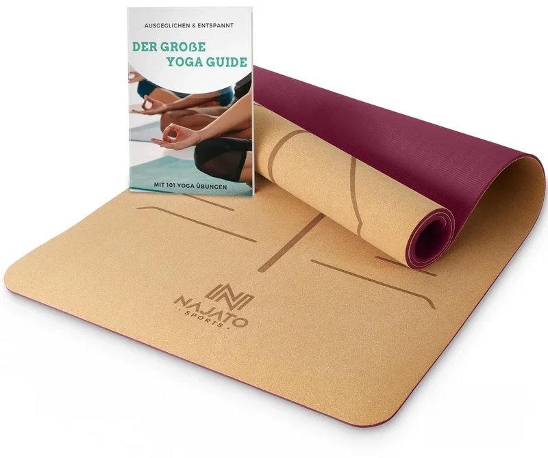 NAJATO Sports Yogamatte Kork – Rutschfeste Yoga Matte mit Tragegurt & E-Book (PDF Datei) – Trainingsmatte 183 x 65 x 0,6 cm – Nachhaltige Gymnastikmatte