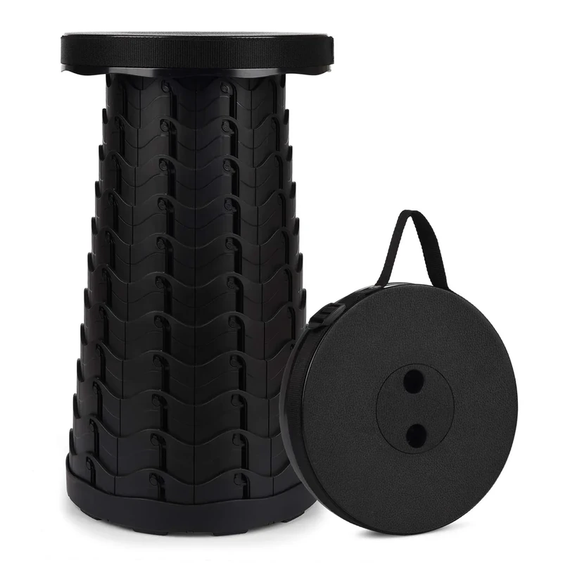 FIEMACH Tragbarer Klapphocker, Zweiten Generation Mini Teleskophocker Leichte Campinghocker für Outdoor Camping Angeln BBQ Drinnen Küche, Belastung 397 lb (Schwarz)